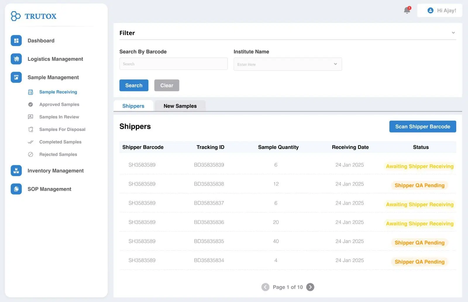 Arbour BioScience LIMS sample tracking dashboard
