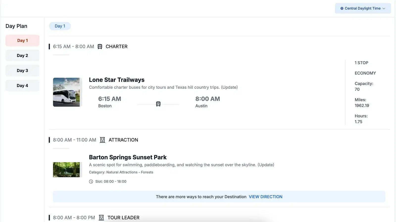 Landmark Educational Tours day-plan management interface