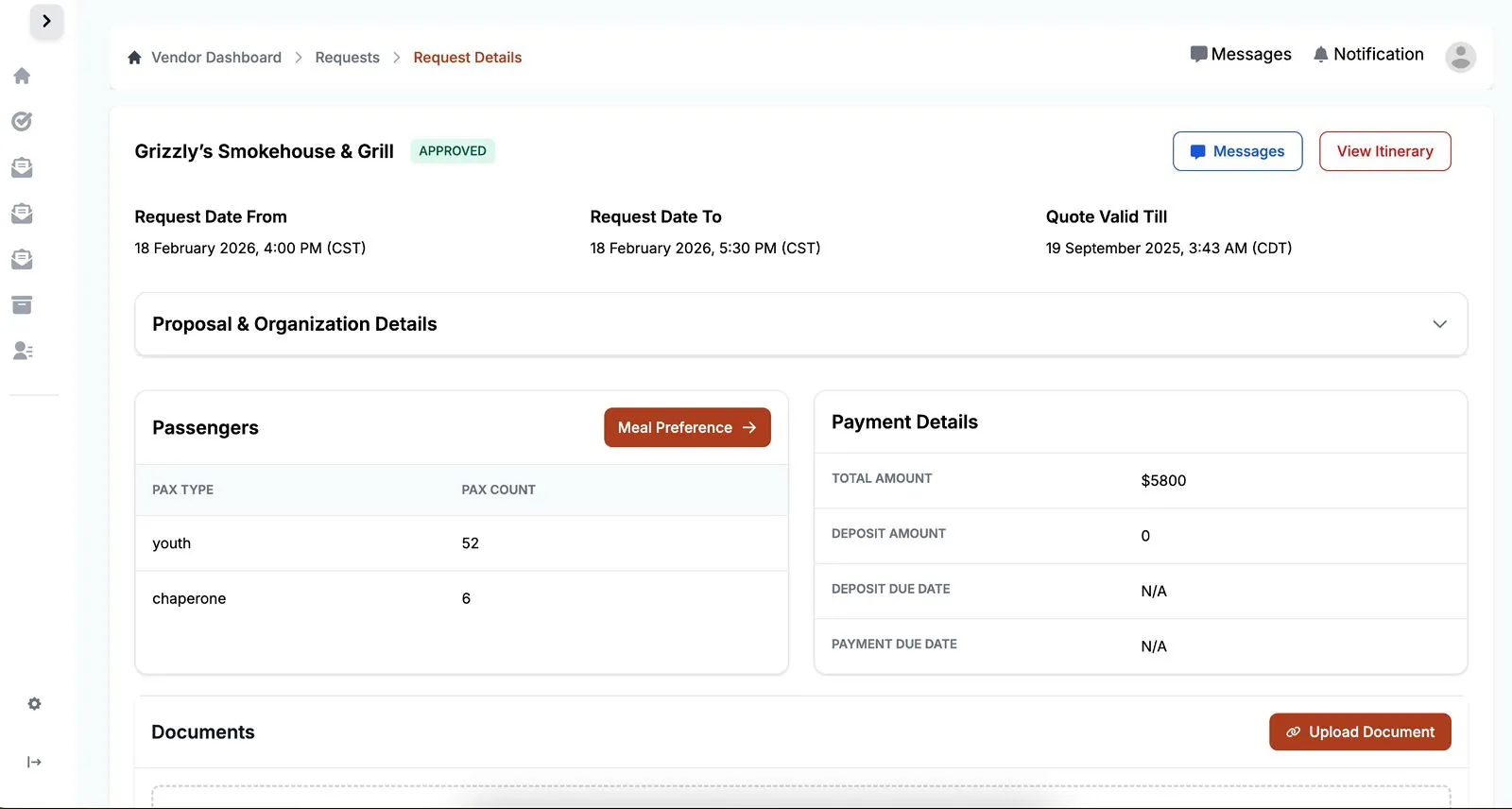 Tango vendor dashboard showing charter requests