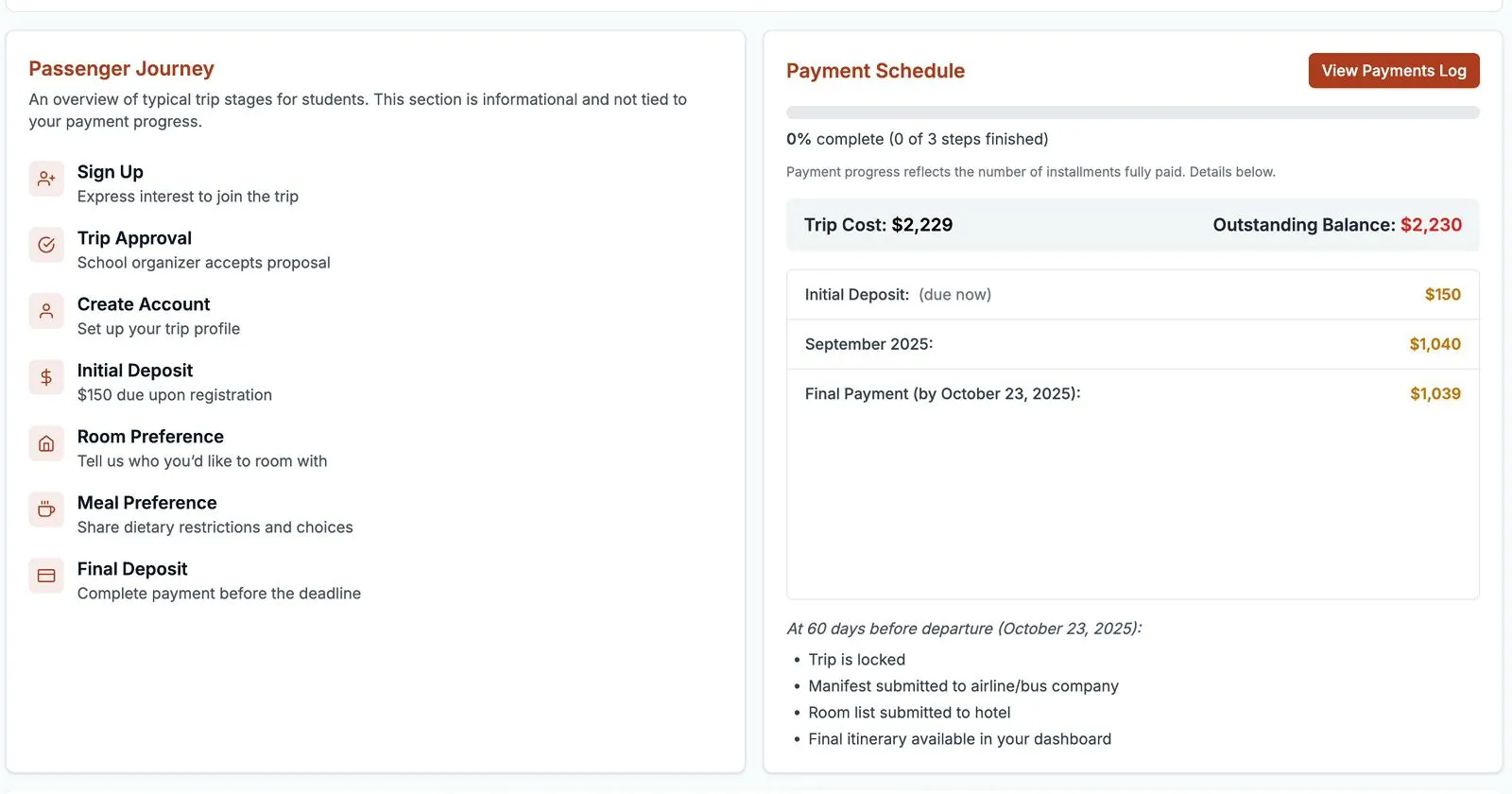 Tango student registration and payment flow